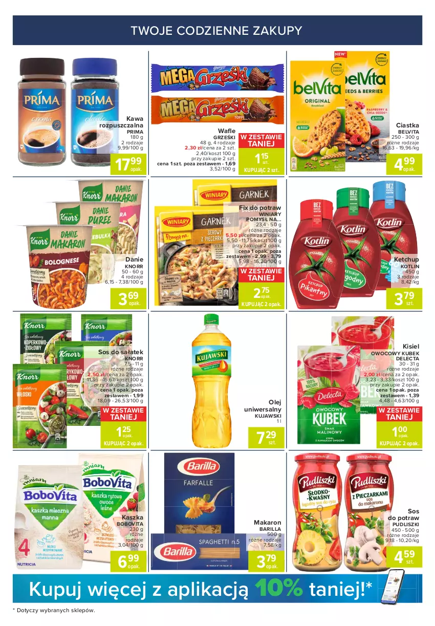 Gazetka promocyjna Carrefour - Gazetka Express - ważna 16.08 do 23.08.2021 - strona 3 - produkty: Barilla, BelVita, BoboVita, Ciastka, Delecta, Grześki, Kawa, Kawa rozpuszczalna, Ketchup, Kisiel, Knorr, Kosz, Kotlin, Kubek, Kujawski, Makaron, Olej, Prima, Pudliszki, Sałat, Sos, Sos do sałatek, Winiary