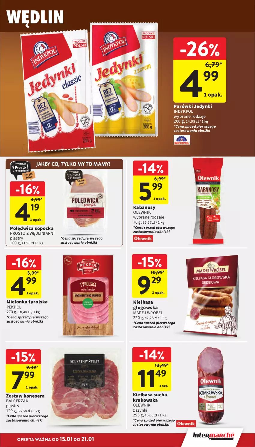 Gazetka promocyjna Intermarche - Gazetka Intermarche - ważna 15.01 do 21.01.2026 - strona 23 - produkty: Kabanos, Kiełbasa, Kiełbasa głogowska, Madej Wróbel, Mielonka tyrolska, Olewnik, Parówki, Pekpol, Polędwica, Ser