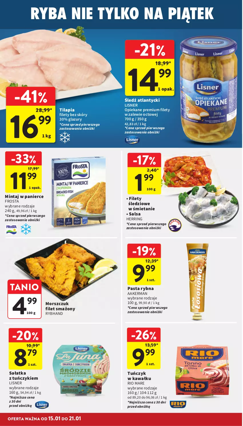 Gazetka promocyjna Intermarche - Gazetka Intermarche - ważna 15.01 do 21.01.2026 - strona 26 - produkty: Frosta, Kawa, Lazur, Lisner, Mintaj, Rio Mare, Ryba, Sałat, Sałatka, Salsa, Tilapia, Tuńczyk