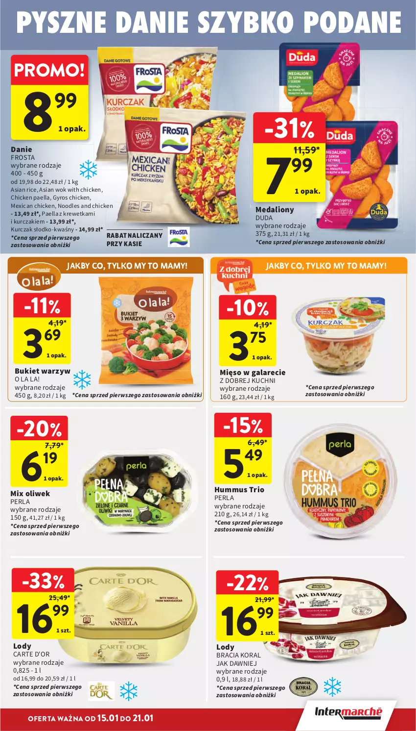 Gazetka promocyjna Intermarche - Gazetka Intermarche - ważna 15.01 do 21.01.2026 - strona 27 - produkty: Bukiet, Bukiet warzyw, Carte d'Or, Duda, Frosta, Gala, Gyros, Hummus, Kurczak, Lion, Lody, Mięso, Mięso w galarecie, Mus