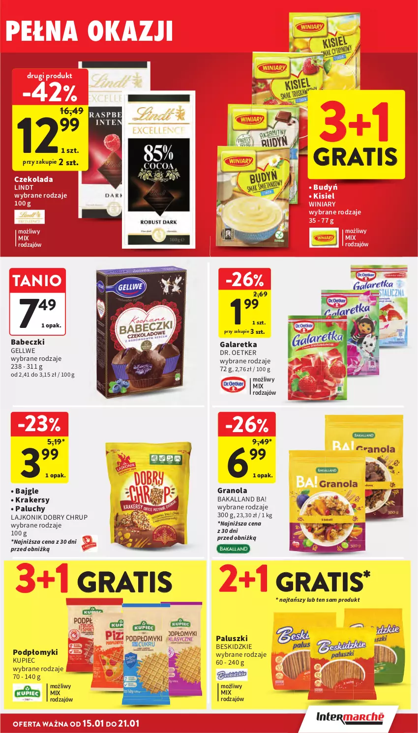 Gazetka promocyjna Intermarche - Gazetka Intermarche - ważna 15.01 do 21.01.2026 - strona 35 - produkty: Ba!, Babeczki, Bajgle, Bakalland, Beskidzki, Budyń, Czekolada, Dr. Oetker, Gala, Galaretka, Gra, Granola, Kisiel, Krakersy, Kupiec, Lajkonik, Lindt, Piec, Winiary