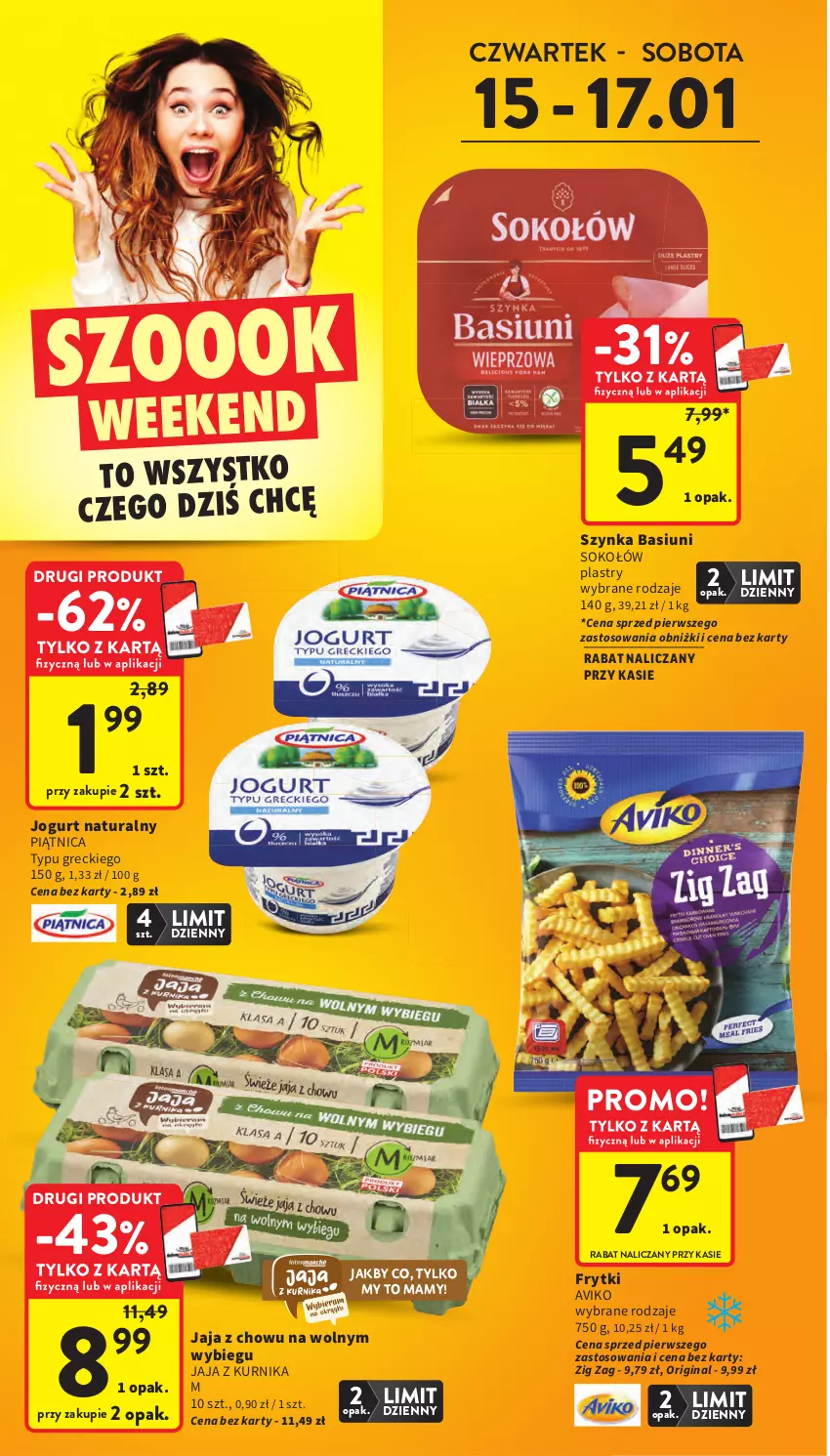 Gazetka promocyjna Intermarche - Gazetka Intermarche - ważna 15.01 do 21.01.2026 - strona 4 - produkty: Frytki, Gin, Jaja, Jogurt, Jogurt naturalny, Piątnica, Sok, Sokołów, Szynka