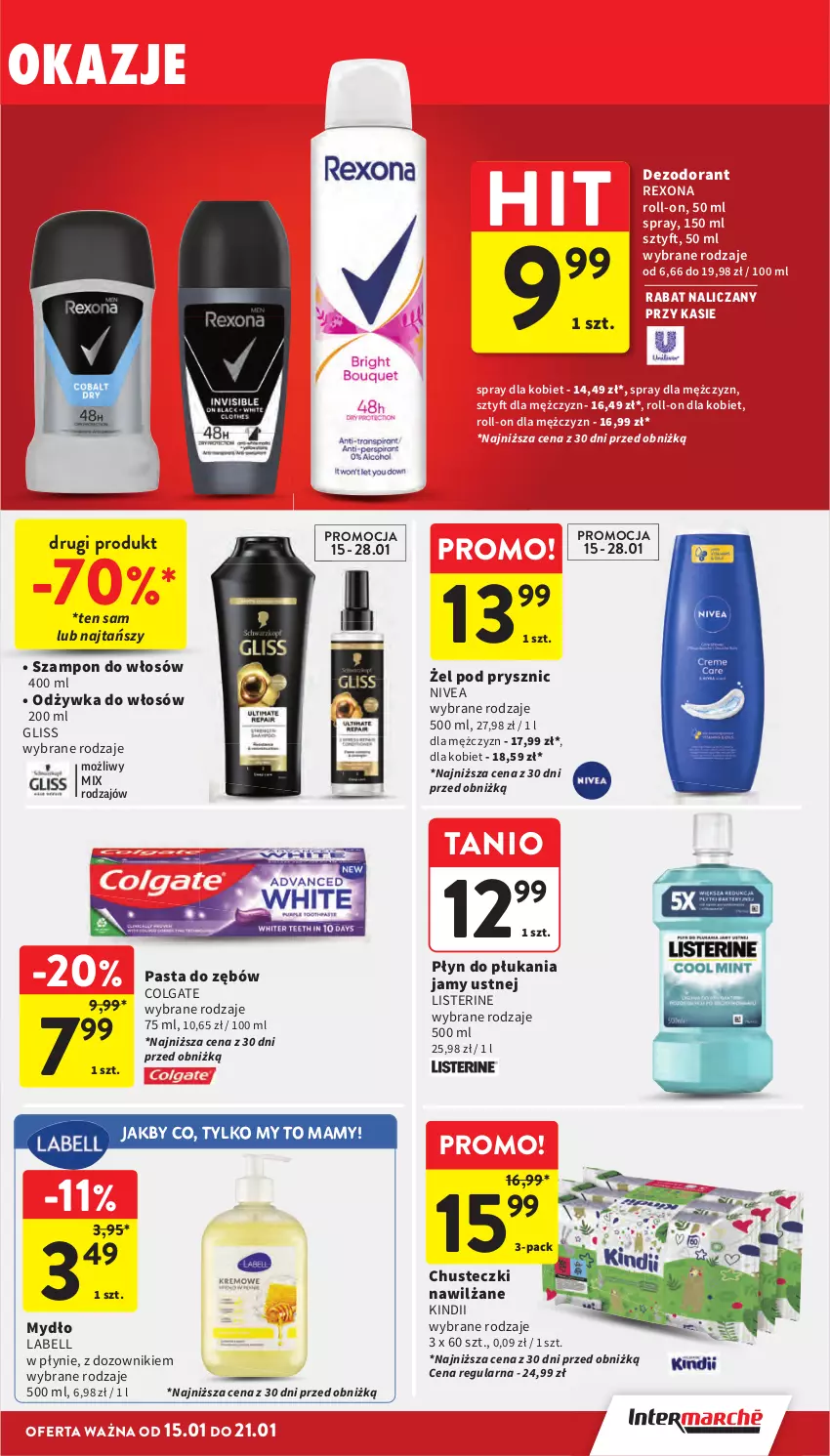 Gazetka promocyjna Intermarche - Gazetka Intermarche - ważna 15.01 do 21.01.2026 - strona 43 - produkty: Bell, Chusteczki, Colgate, Dezodorant, Dozownik, Kindii, LG, Listerine, Mydło, Nivea, Odżywka, Pasta do zębów, Płyn do płukania, Płyn do płukania jamy ustnej, Rexona, Szampon