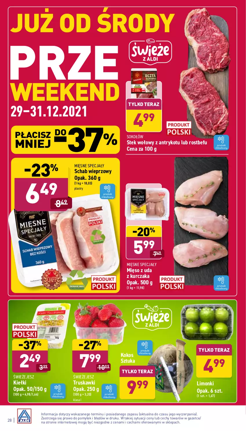 Gazetka promocyjna Aldi - Katalog spożywczy - ważna 27.12 do 31.12.2021 - strona 28 - produkty: Kiełki, Kokos, Kurczak, Mięsne specjały, Mięso, Rostbef, Schab wieprzowy, Sok, Sokołów, Stek, Stek wołowy, Tera, Truskawki