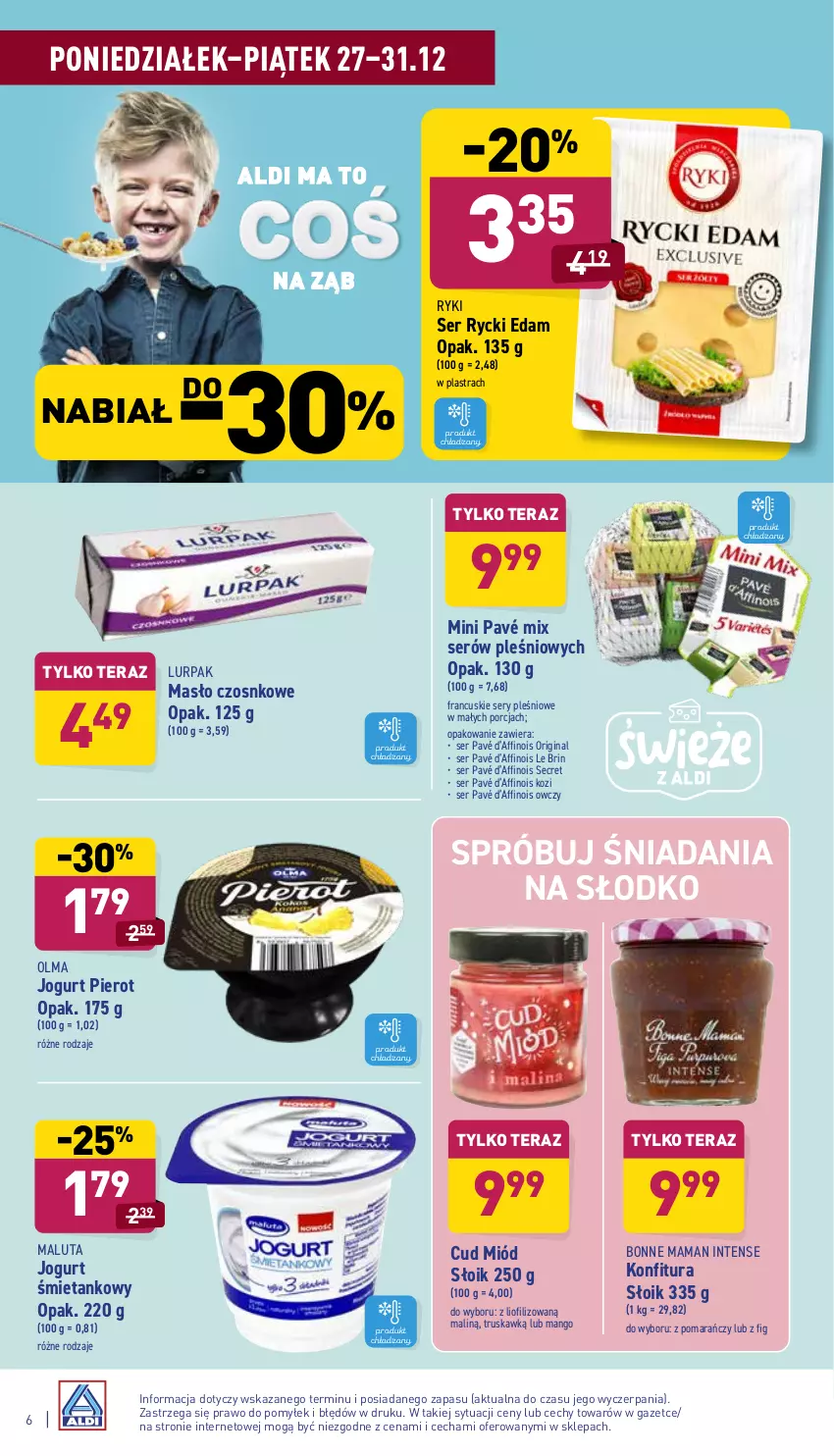 Gazetka promocyjna Aldi - Katalog spożywczy - ważna 27.12 do 31.12.2021 - strona 6 - produkty: Edam, Gin, Jogurt, Konfitura, Lurpak, Mango, Masło, Miód, Olma, Por, Rycki Edam, Ser, Tera