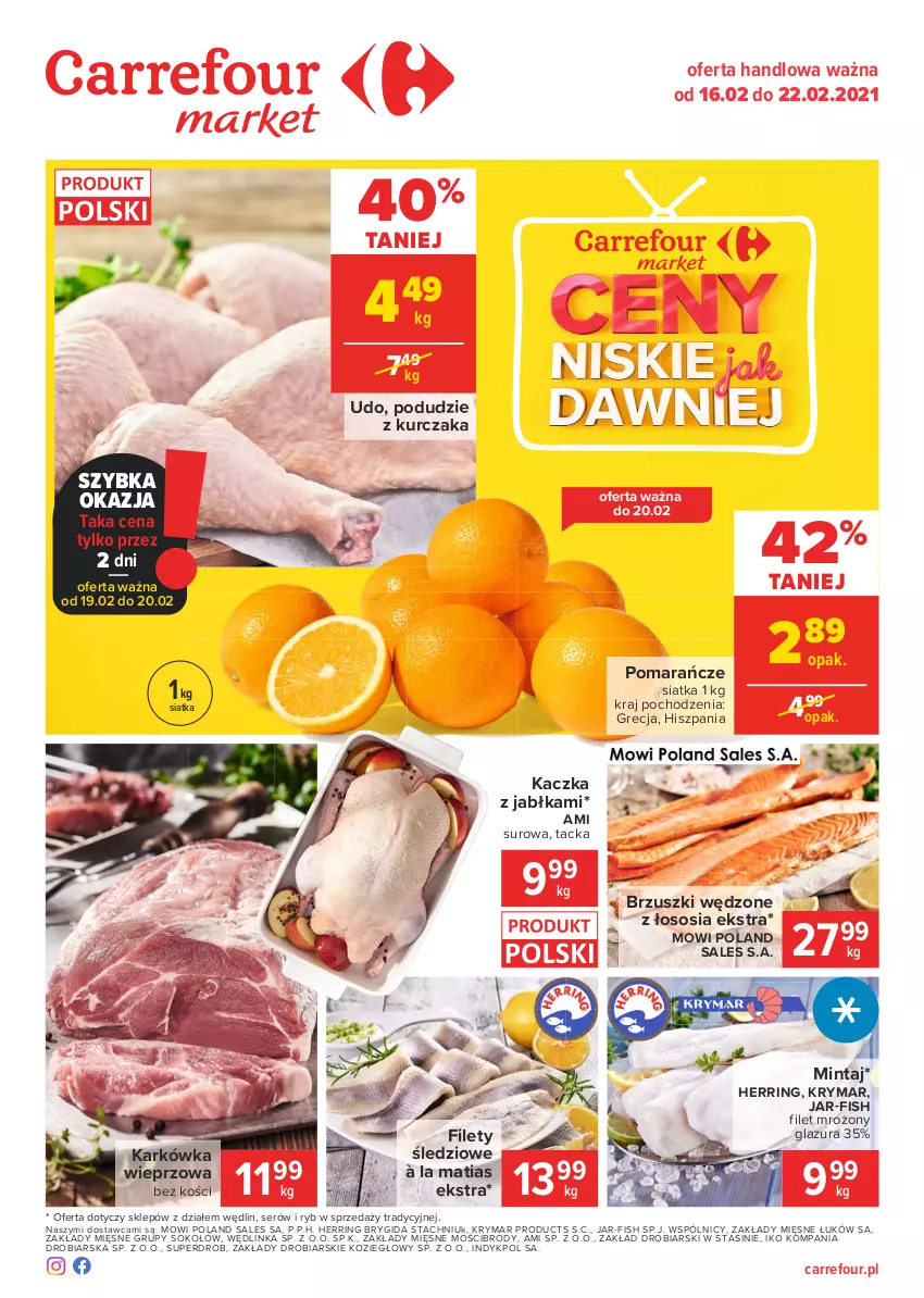 Gazetka promocyjna Carrefour - Gazetka Market - ważna 15.02 do 22.02.2021 - strona 1 - produkty: Glazura, Inka, Jabłka, Kaczka, Karkówka wieprzowa, Kurczak, Lazur, Mintaj, Podudzie z kurczaka, Pomarańcze, Ser, Siatka, Sok, Sokołów, Sos