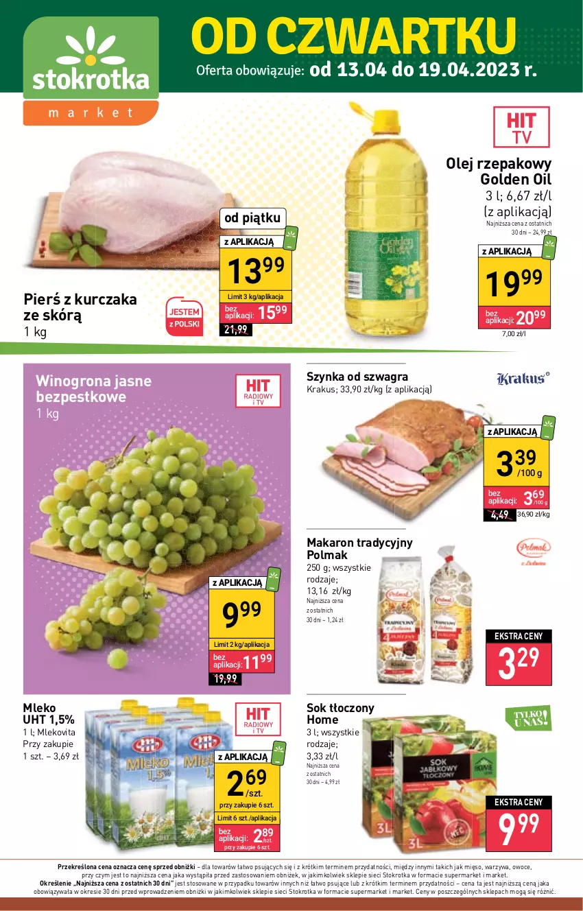 Gazetka promocyjna Stokrotka - Market - ważna 13.04 do 19.04.2023 - strona 1 - produkty: Gra, Krakus, Kurczak, Makaron, Mięso, Mleko, Mlekovita, Olej, Olej rzepakowy, Olma, Owoce, Sok, Szynka, Warzywa, Wino, Winogrona