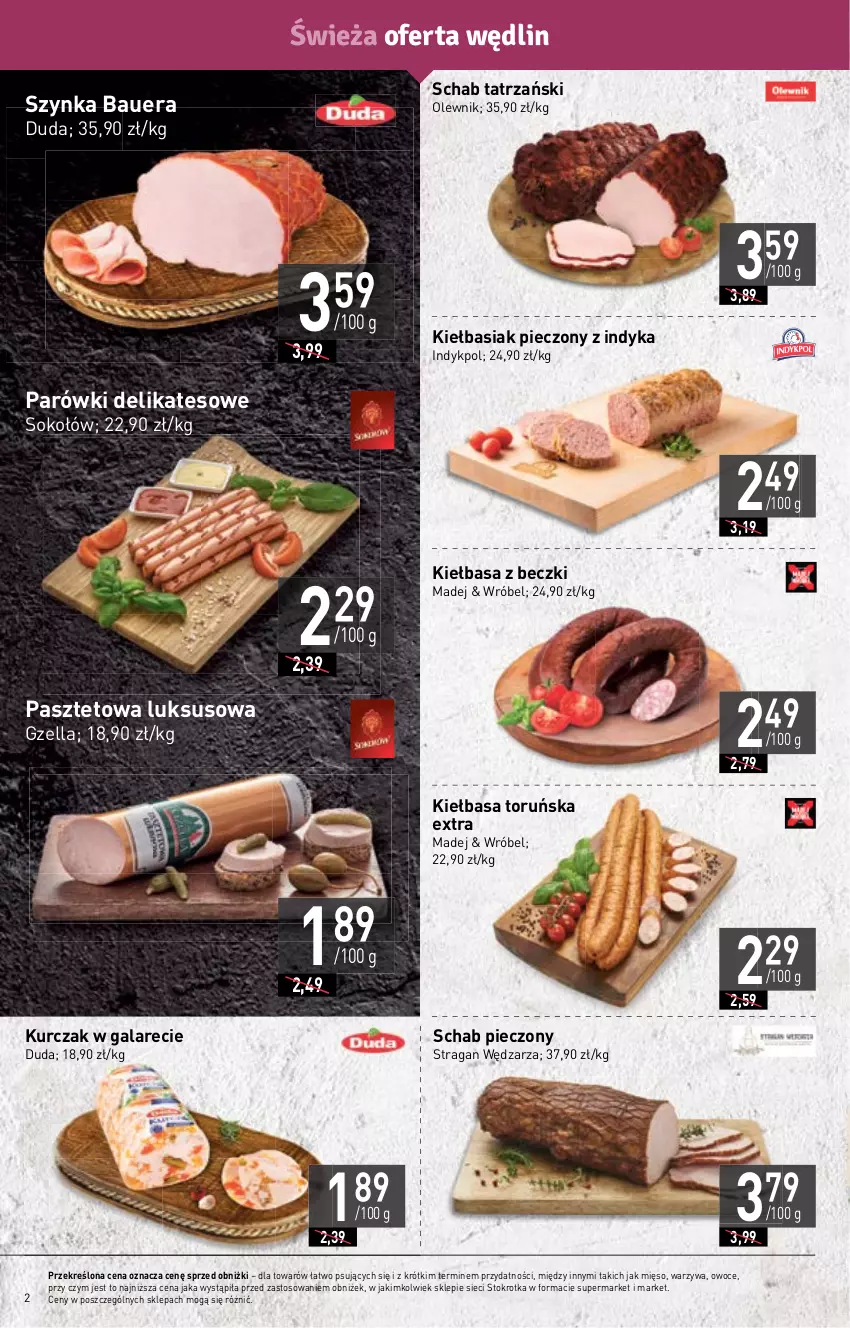 Gazetka promocyjna Stokrotka - Market - ważna 13.04 do 19.04.2023 - strona 2 - produkty: Basia, Duda, Gala, Kiełbasa, Kurczak, Mięso, Olewnik, Owoce, Parówki, Pasztet, Piec, Schab pieczony, Sok, Sokołów, Szynka, Warzywa