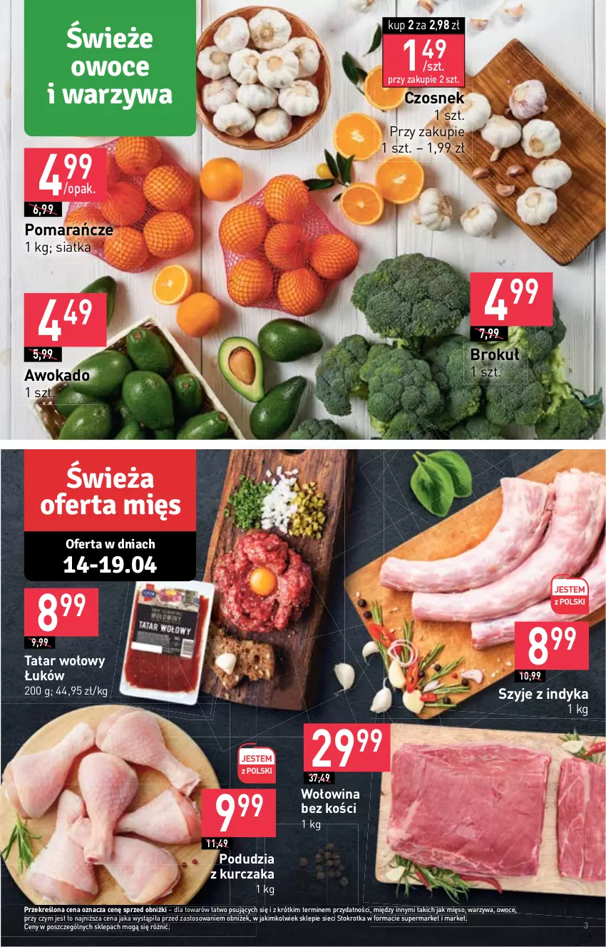 Gazetka promocyjna Stokrotka - Market - ważna 13.04 do 19.04.2023 - strona 3 - produkty: Czosnek, Kurczak, Mięso, Owoce, Pomarańcze, Siatka, Tatar wołowy, Warzywa, Wołowina, Wołowina bez kości