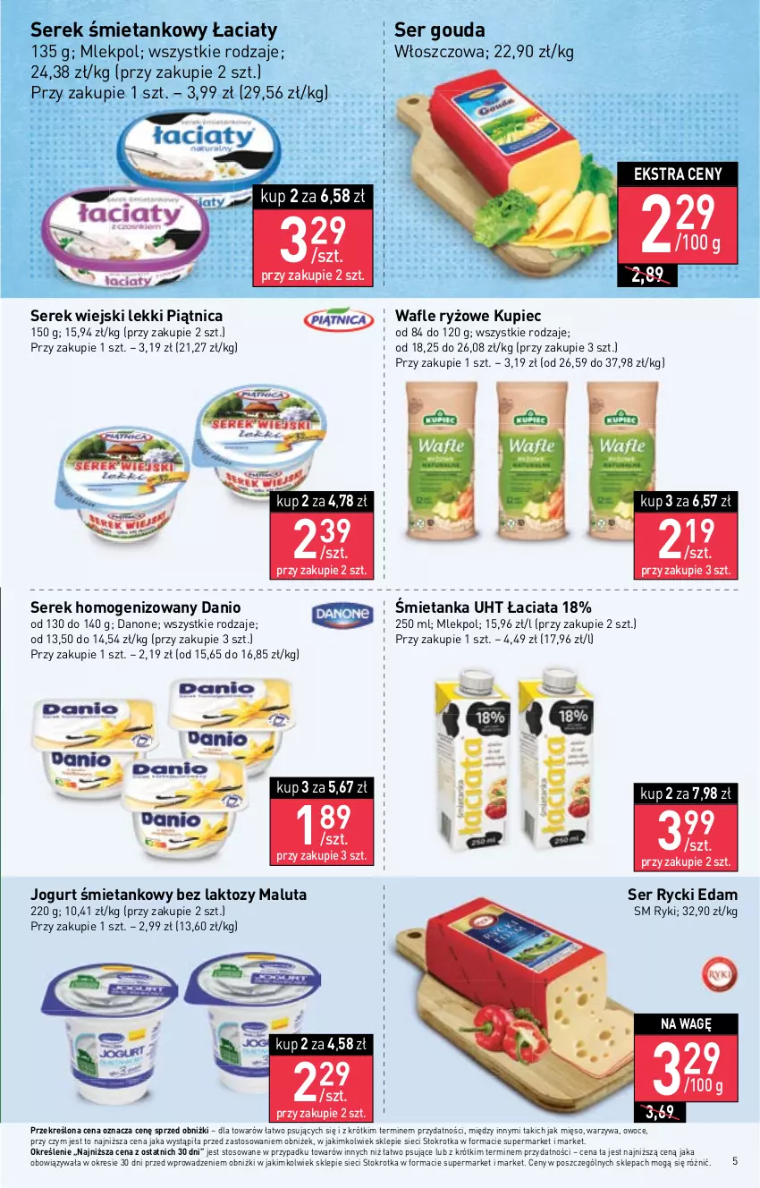 Gazetka promocyjna Stokrotka - Market - ważna 13.04 do 19.04.2023 - strona 5 - produkty: Danio, Danone, Edam, Gouda, Jogurt, Kupiec, Mięso, Owoce, Piątnica, Piec, Rycki Edam, Ryż, Ser, Serek, Serek homogenizowany, Serek wiejski, Wafle, Warzywa