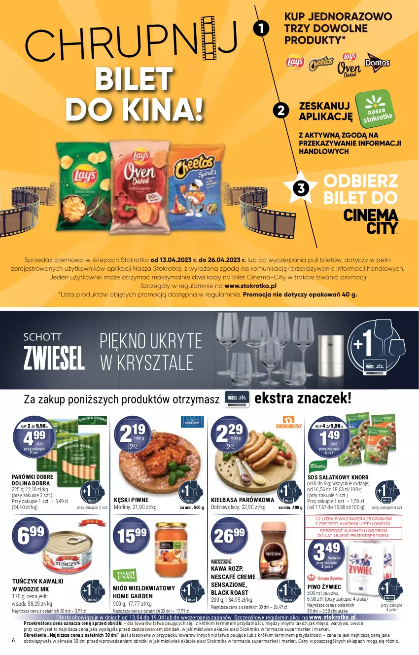 Gazetka promocyjna Stokrotka - Market - ważna 13.04 do 19.04.2023 - strona 6 - produkty: Gra, Kawa, Kęski piwne, Kiełbasa, Knorr, Lack, Mięso, Miód, Morliny, Nescafé, Owoce, Parówki, Piwa, Piwo, Sałat, Sos, Tuńczyk, Warzywa