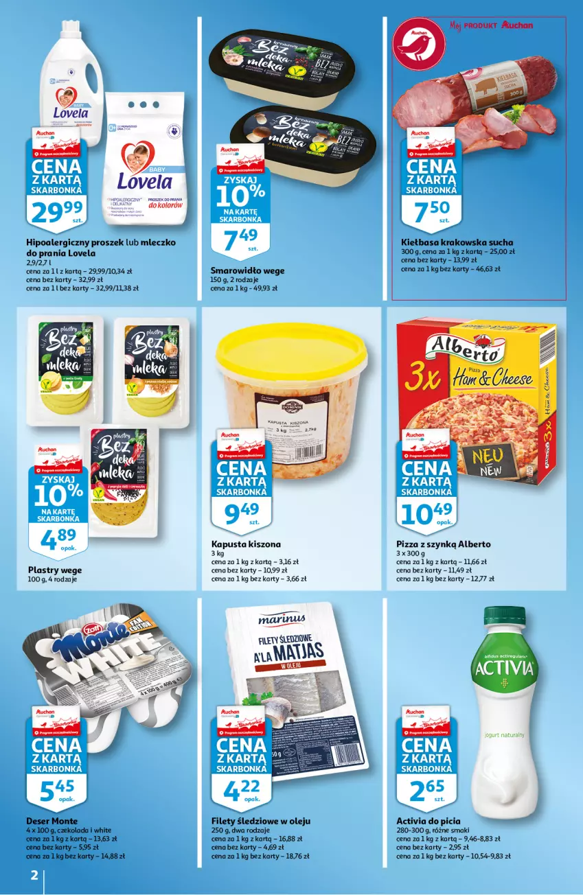 Gazetka promocyjna Auchan - Skarbonka #42 - ważna 21.10 do 03.11.2021 - strona 2 - produkty: Activia, Czekolada, Deser, Hipoalergiczny proszek, Jogurt, Jogurt naturalny, Kiełbasa, Kiełbasa krakowska, Lovela, Mleczko, Mleczko do prania, Monte, Olej, Pizza, Ser