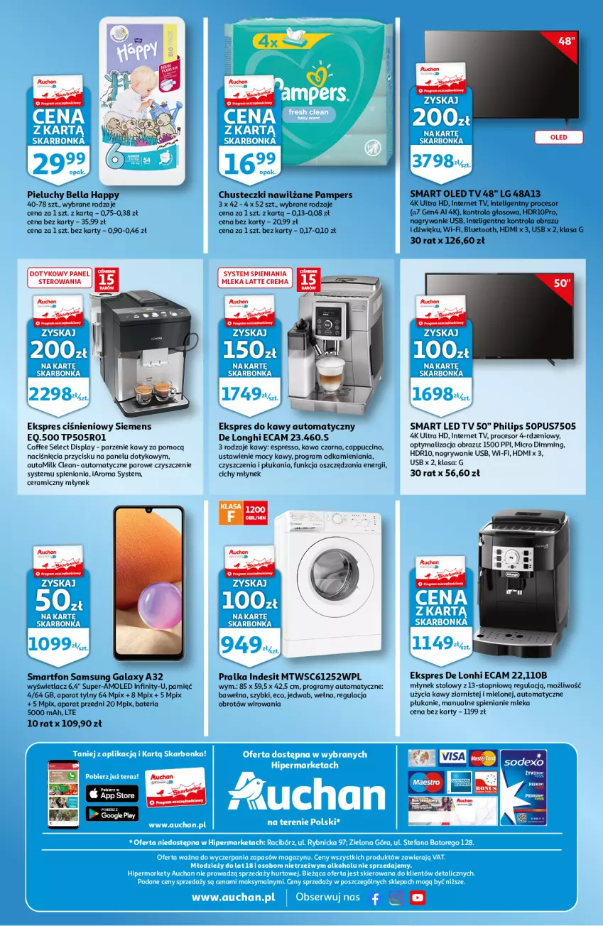 Gazetka promocyjna Auchan - Skarbonka #42 - ważna 21.10 do 03.11.2021 - strona 4 - produkty: Amol, Bateria, Bell, Bella, Cappuccino, Chusteczki, Gala, Gra, Gry, Indesit, Intel, Kawa, LED TV, LG, Młynek, Obraz, Pampers, Philips, Pieluchy, Pralka, Procesor, Samsung, Siemens, Smartfon, Top, Wełna