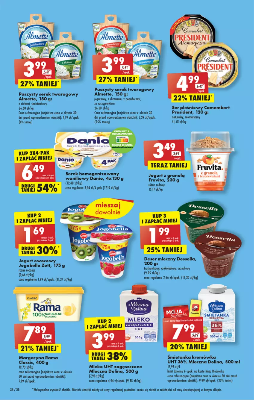 Gazetka promocyjna Biedronka - Gazetka - Biedronka.pl - ważna 06.03 do 11.03.2023 - strona 24 - produkty: Almette, Bell, Bella, Camembert, Chrzan, Danio, Deser, Deser mleczny, Dron, Fa, Gra, Jogobella, Jogurt, Jogurt owocowy, Kremówka, Margaryna, Mleko, Pax, Rama, Ser, Ser pleśniowy, Serek, Serek homogenizowany, Serek twarogowy, Sok, Tera, Zott