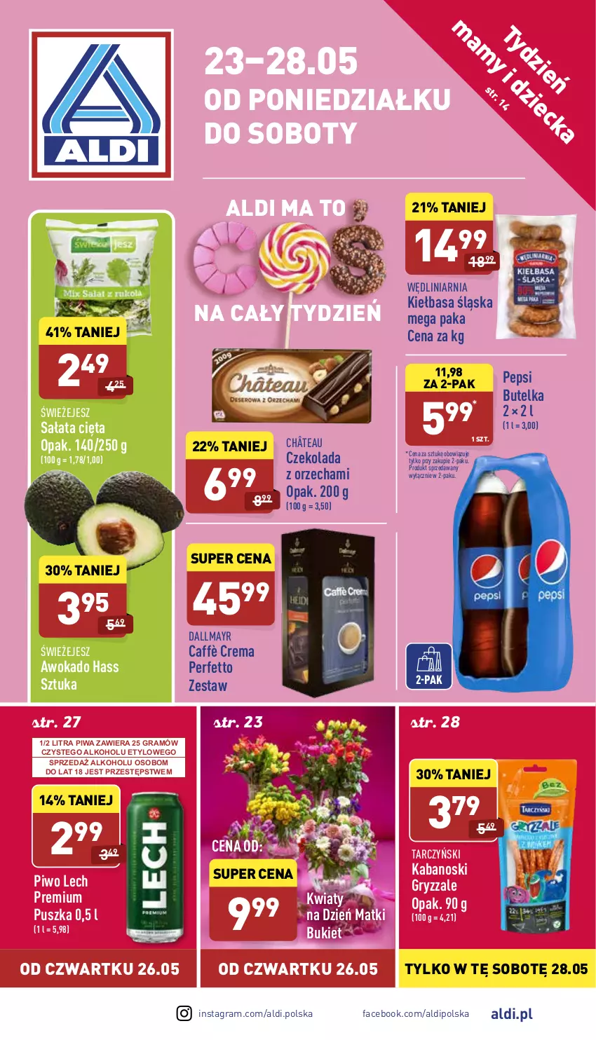 Gazetka promocyjna Aldi - Pełny katalog - ważna 23.05 do 28.05.2022 - strona 1 - produkty: Bukiet, Czekolada, Dallmayr, Fa, Gra, Gry, Kabanos, Kiełbasa, Kiełbasa śląska, Lech Premium, Pepsi, Piwa, Piwo, Sałat, Tarczyński