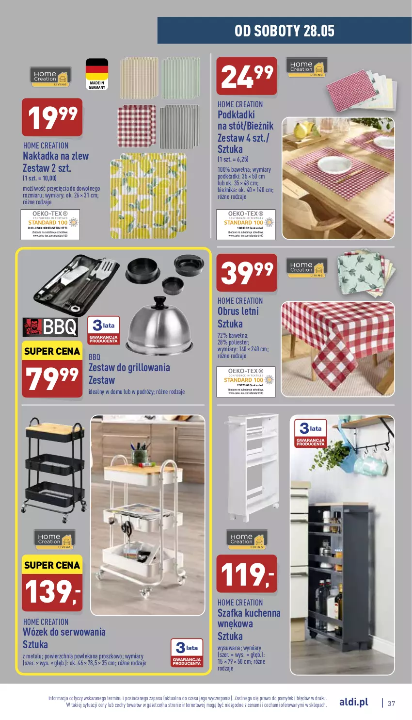 Gazetka promocyjna Aldi - Pełny katalog - ważna 23.05 do 28.05.2022 - strona 37 - produkty: Bieżnik, Grill, Obrus, Podkład, Ser, Stół, Szafka, Szafka kuchenna, Wełna, Wózek, Zlew