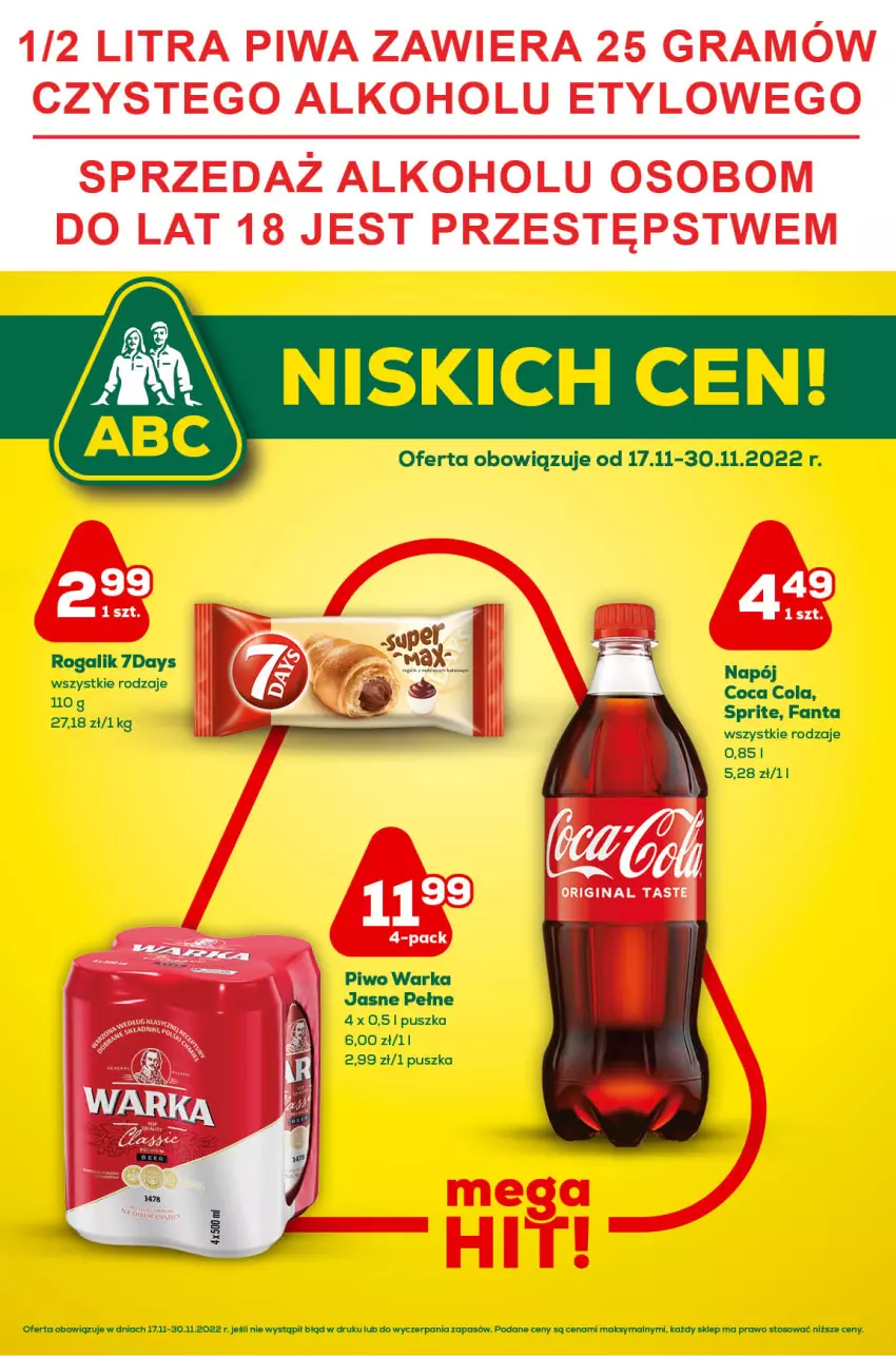 Gazetka promocyjna ABC - Gazetka - ważna 17.11 do 30.11.2022 - strona 1 - produkty: Fa, Fanta, Gra, Napój, Piwa, Piwo, Rogal, Sprite, Warka