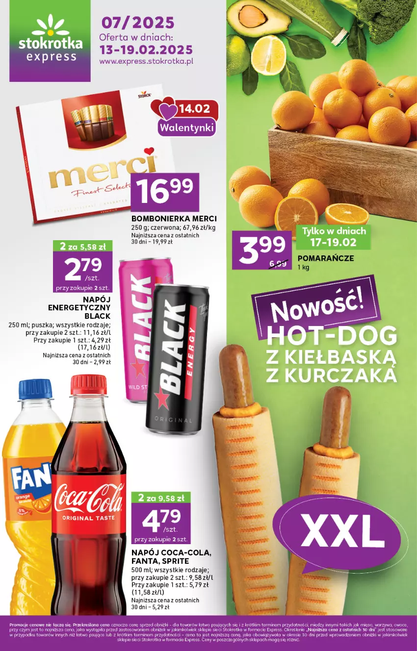 Gazetka promocyjna Stokrotka - Stokrotka Express - ważna 13.02 do 19.02.2025 - strona 1 - produkty: Coca-Cola, Fa, Fanta, Kurczak, Lack, Merci, Napój, Sprite