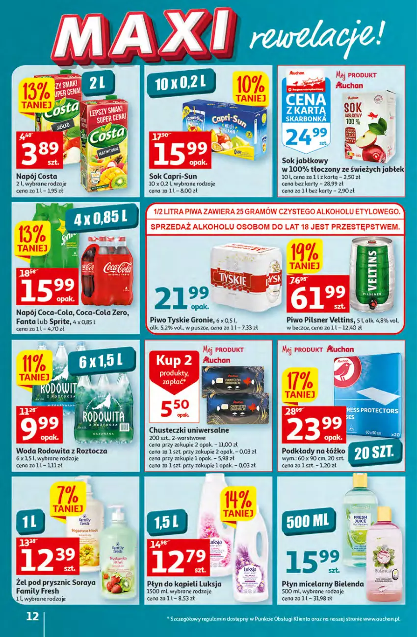 Gazetka promocyjna Auchan - Gazetka MAXI rewelacje Auchan Hipermarket - ważna 12.01 do 18.01.2023 - strona 12 - produkty: Bielenda, Chusteczki, Coca-Cola, Fa, Fanta, Gra, LG, Luksja, Napój, Piwa, Piwo, Płyn do kąpieli, Płyn micelarny, Podkład, Sok, Sok jabłkowy, Sprite, Tyskie, Woda