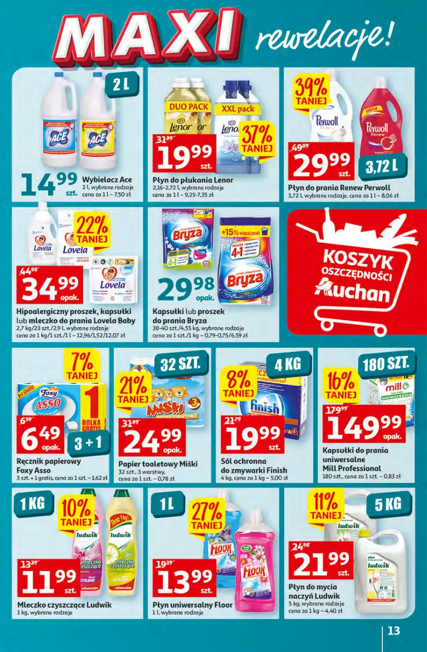 Gazetka promocyjna Auchan - Gazetka MAXI rewelacje Auchan Hipermarket - ważna 12.01 do 18.01.2023 - strona 13 - produkty: Bryza, Finish, Foxy, Gra, Hipoalergiczny proszek, Kapsułki do prania, Lenor, Lovela, Ludwik, Mleczko, Mleczko do prania, Papier, Papier toaletowy, Perwoll, Płyn do mycia, Płyn do płukania, Płyn do prania, Ręcznik, Sól, Zmywarki