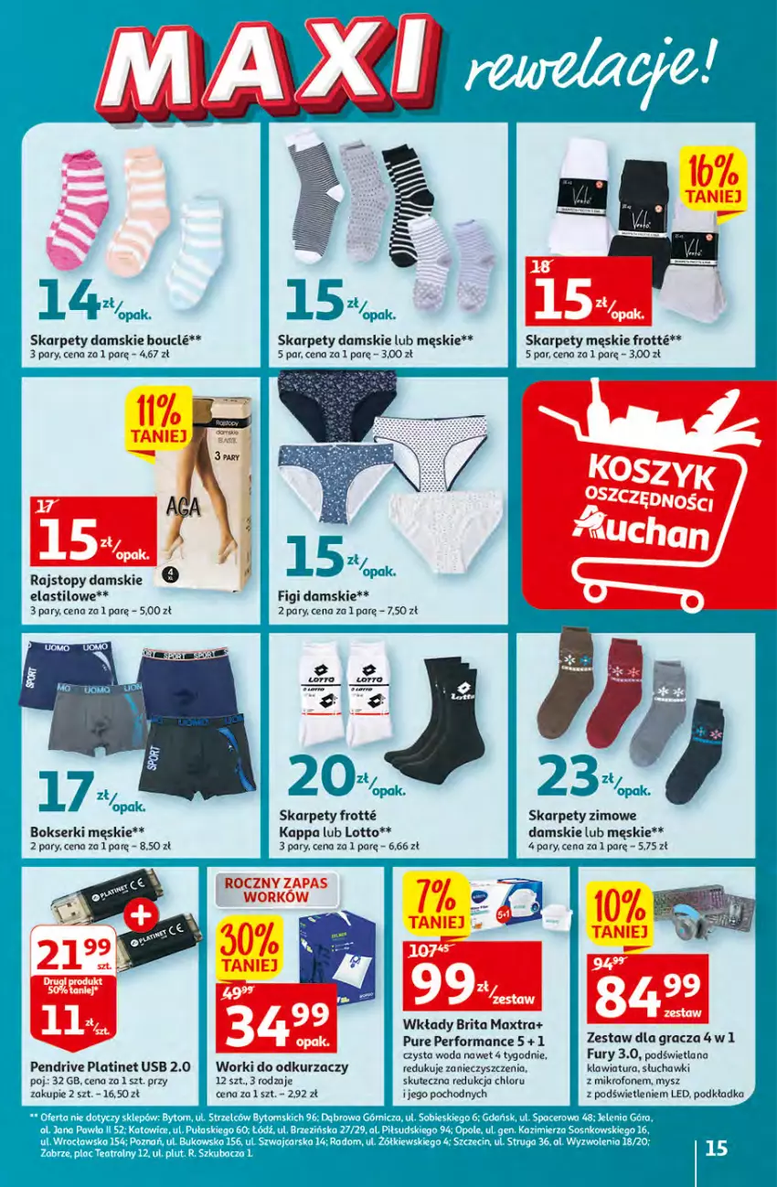 Gazetka promocyjna Auchan - Gazetka MAXI rewelacje Auchan Hipermarket - ważna 12.01 do 18.01.2023 - strona 15 - produkty: Bokserki, Brit, Brita, Brita Maxtra, Figi, Gra, HP, Karp, Klawiatura, LANA, Mikrofon, Mysz, Odkurzacz, Pendrive, PLATINET, Podkład, Podkładka, Pur, Rajstopy, Ser, Słuchawki, Top, Woda