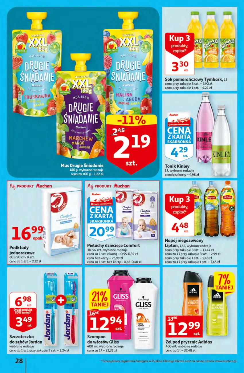 Gazetka promocyjna Auchan - Gazetka MAXI rewelacje Auchan Hipermarket - ważna 12.01 do 18.01.2023 - strona 28 - produkty: Adidas, Dzieci, Lipton, Napój, Napój niegazowany, Pieluchy, Podkład, Sok, Sok pomarańczowy, Szczoteczka, Tonik, Tymbark