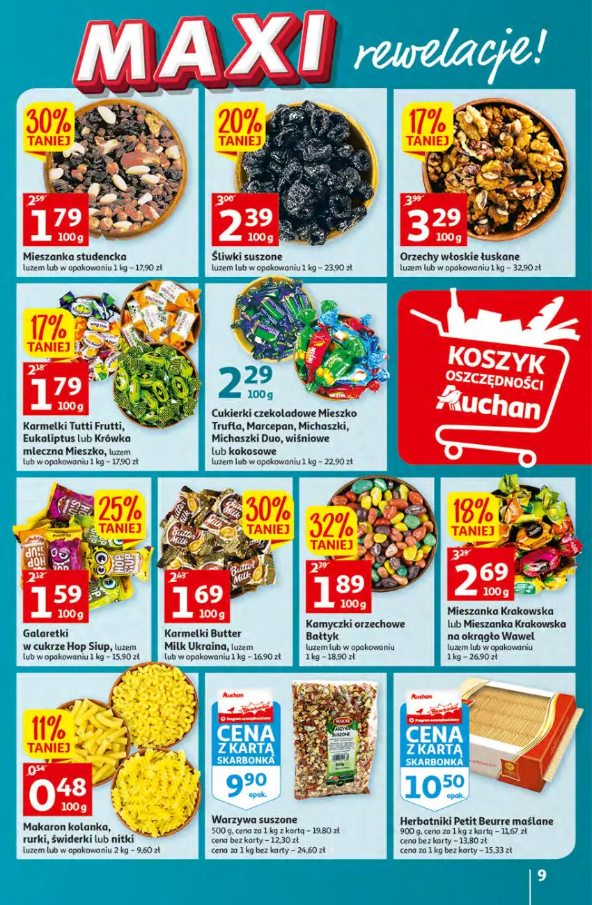 Gazetka promocyjna Auchan - Gazetka MAXI rewelacje Auchan Hipermarket - ważna 12.01 do 18.01.2023 - strona 9 - produkty: Cukier, Cukierki, Cukierki czekoladowe, Gala, Galaretki, Herbatniki, Herbatniki Petit Beurre, Kokos, Makaron, Mieszanka studencka, Orzechy włoskie, Rurki, Wawel