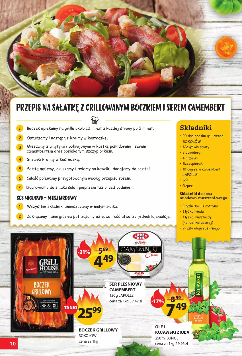 Gazetka promocyjna Arhelan - Gazetka - ważna 28.04 do 08.05.2022 - strona 10 - produkty: Boczek, Camembert, Cytryny, Grill, Kawa, Kujawski, Mus, Olej, Pieprz, Pomidory, Sałat, Ser, Ser pleśniowy, Sok, Sokołów, Sól, Sos