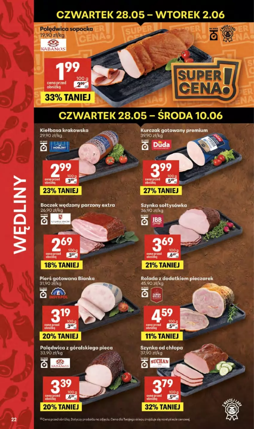 Gazetka promocyjna Delikatesy Centrum - Franczyza DC22 Czwartek - ważna 28.05 do 10.06.2026 - strona 22 - produkty: Bianka, Boczek, Fa, Kiełbasa, Kiełbasa krakowska, Kurczak, Kurczak gotowany, Piec, Polędwica, Szynka