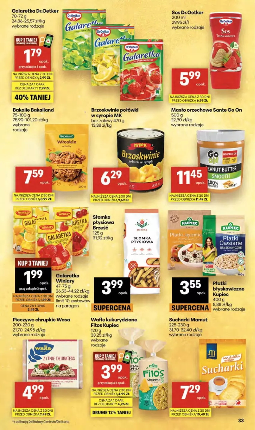 Gazetka promocyjna Delikatesy Centrum - Franczyza DC22 Czwartek - ważna 28.05 do 10.06.2026 - strona 33 - produkty: Bakalland, Brzoskwinie, Chrupki, Gala, Galaretka, Kupiec, Masło, Masło orzechowe, Piec, Pieczywo, Pieczywo chrupkie, Rum, Sante, Sos, Syrop, Wafle, Wasa