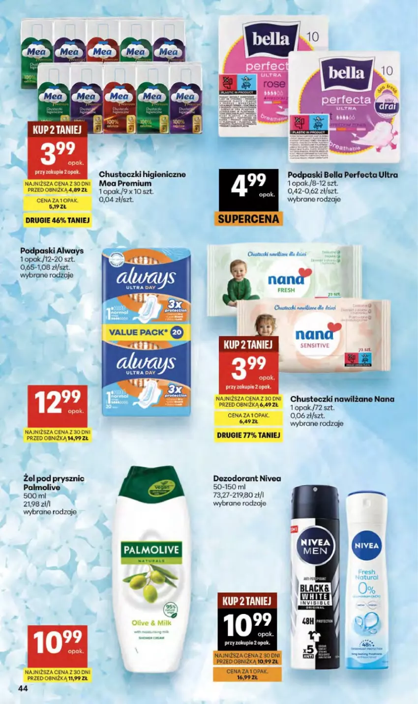 Gazetka promocyjna Delikatesy Centrum - Franczyza DC22 Czwartek - ważna 28.05 do 10.06.2026 - strona 44 - produkty: Always, Bell, Bella, Chusteczki, Dezodorant, Dzieci, Nivea, Palmolive, Perfecta, Podpaski