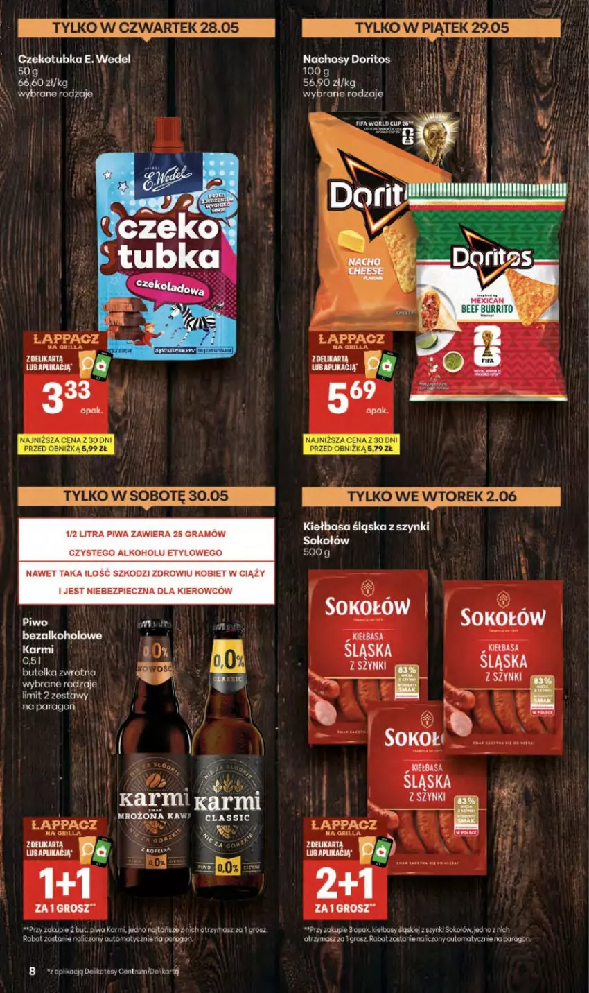 Gazetka promocyjna Delikatesy Centrum - Franczyza DC22 Czwartek - ważna 28.05 do 10.06.2026 - strona 8 - produkty: E. Wedel, Gra, Grill, Karmi, Kiełbasa, Piec, Piwa, Piwo, Rum, Sok, Sokołów