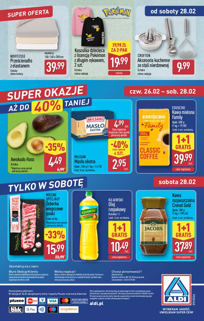 Gazetka promocyjna Aldi - Oferta weekendowa - ważna 26.02 do 28.02.2026 - strona 12 - produkty: Biuro, Dzieci, Fa, Gra, Kawa, Kawa mielona, Kawa rozpuszczalna, Kosz, Koszulka, Kujawski, Masło, Mięsne specjały, O nas, Olej, Olej rzepakowy, Pokémon, Por, Prześcieradło