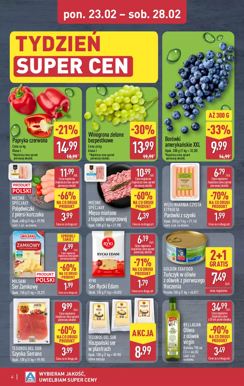 Gazetka promocyjna Aldi - Oferta weekendowa - ważna 26.02 do 28.02.2026 - strona 4 - produkty: Bell, Bella, Edam, Gin, Golden Seafood, Gra, Kurczak, Mięsne specjały, Mięso, Mięso mielone, Mięso mielone z łopatki wieprzowej, Oliwa z oliwek, Papryka, Papryka czerwona, Parówki, Parówki z szynki, Rycki Edam, Ser, Szynka, Tuńczyk, Wino, Winogrona