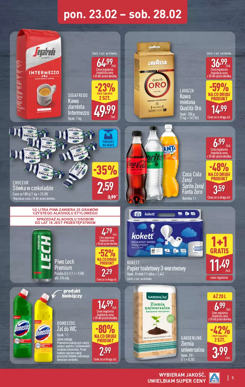 Gazetka promocyjna Aldi - Oferta weekendowa - ważna 26.02 do 28.02.2026 - strona 5 - produkty: Domestos, Fa, Fanta, Gra, Kawa, Kawa mielona, Kawa ziarnista, Lavazza, Lech Premium, Papier, Papier toaletowy, Piwa, Piwo, Segafredo, Sprite