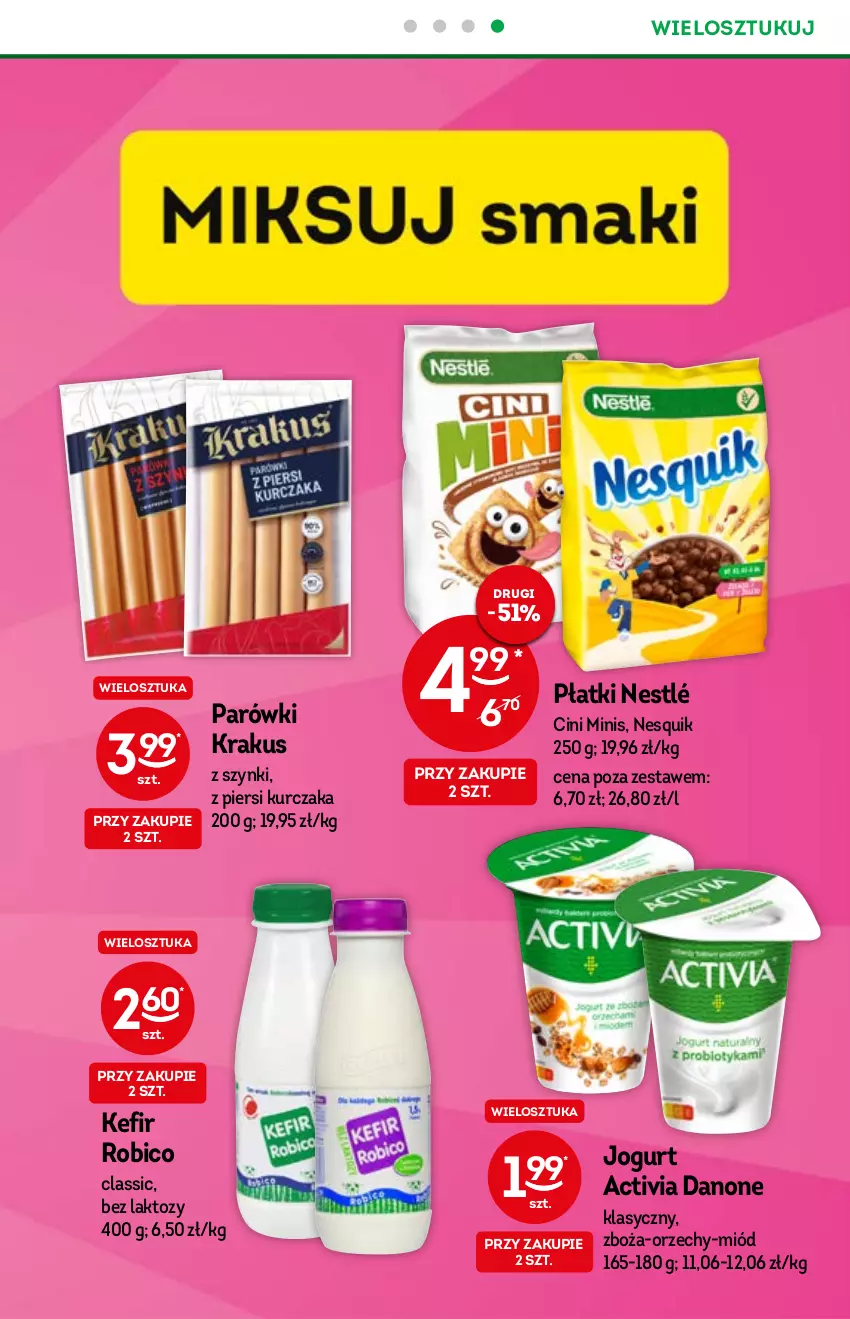 Gazetka promocyjna Żabka - ważna 27.10 do 09.11.2021 - strona 7 - produkty: Activia, BIC, Cini Minis, Danone, Jogurt, Kefir, Krakus, Kurczak, Miód, Nesquik, Nestlé, Parówki, Robico