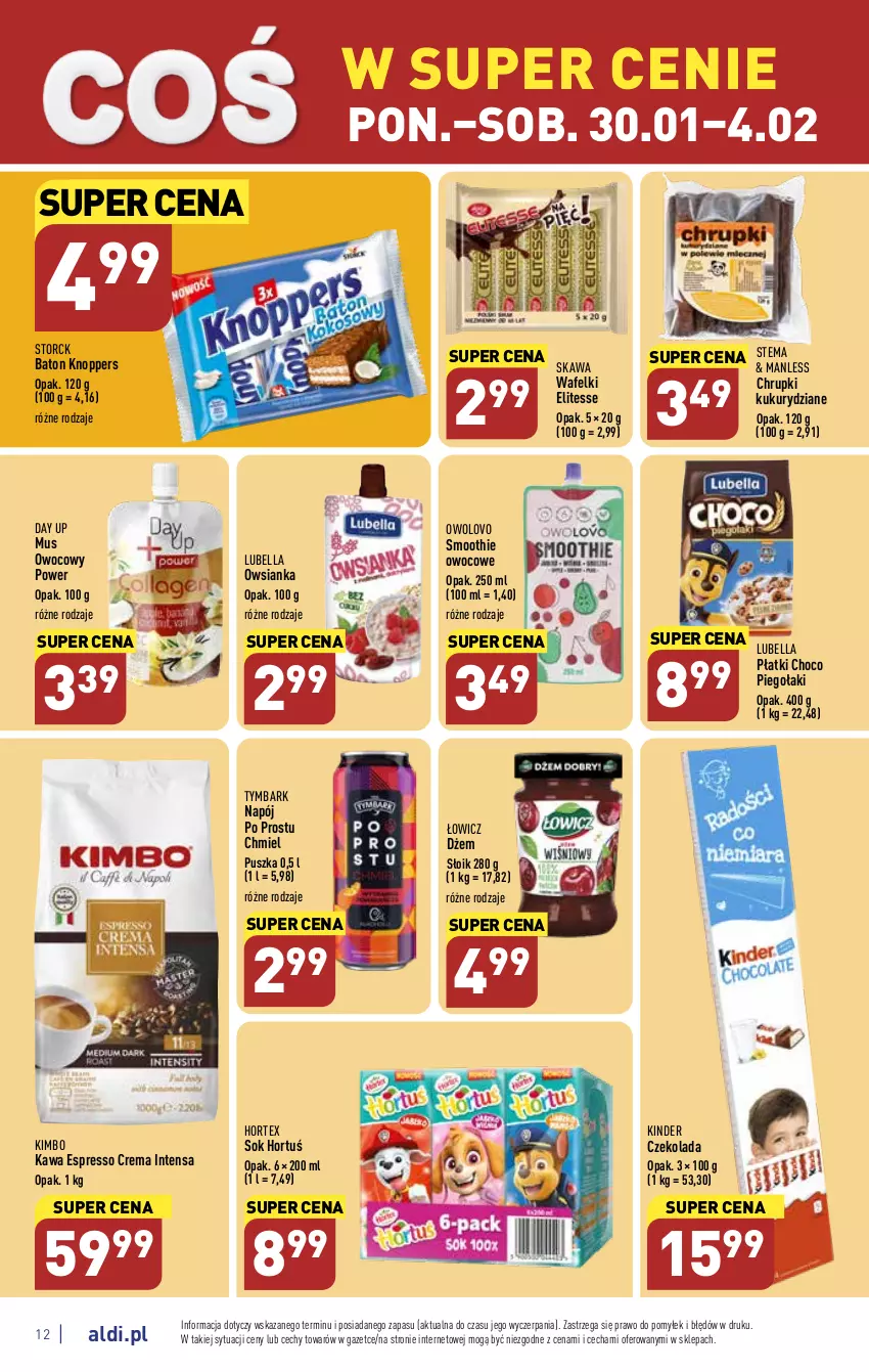 Gazetka promocyjna Aldi - Pełny katalog - ważna 30.01 do 04.02.2023 - strona 12 - produkty: Baton, Bell, Bella, Chrupki, Czekolada, Dżem, Hortex, Kawa, Kinder, Knoppers, Lubella, Mus, Napój, Owsianka, Smoothie, Sok, Tymbark