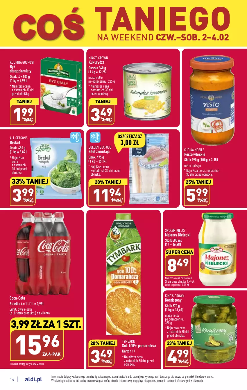 Gazetka promocyjna Aldi - Pełny katalog - ważna 30.01 do 04.02.2023 - strona 16 - produkty: All Seasons, Coca-Cola, Filet z mintaja, Golden Seafood, Korniszony, Kuchnia, Kukurydza, Majonez, Mintaj, Pesto, Ryż, Sok, Tymbark