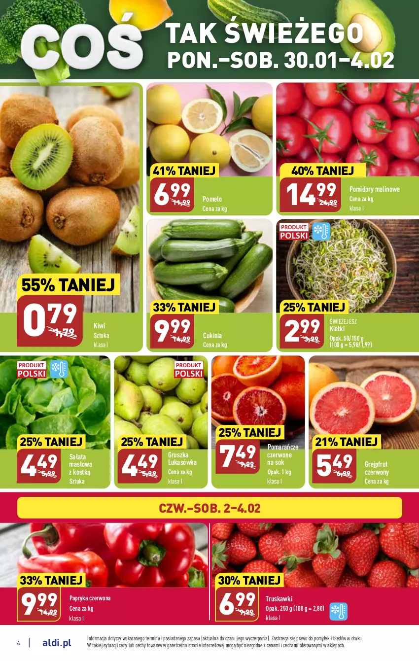 Gazetka promocyjna Aldi - Pełny katalog - ważna 30.01 do 04.02.2023 - strona 4 - produkty: Grejpfrut, Kiełki, Kiwi, Masło, Papryka, Papryka czerwona, Pomarańcze, Pomelo, Pomidory, Sałat, Sałata masłowa, Sok, Truskawki