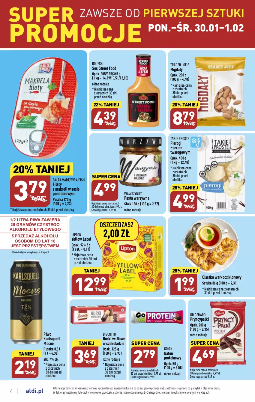 Gazetka promocyjna Aldi - Pełny katalog - ważna 30.01 do 04.02.2023 - strona 6 - produkty: Balta Mare, Baton, Dr Gerard, Evra Fish, Gra, Karlsquell, Koc, Lipton, Migdały, Pasta warzywna, Pierogi, Piwa, Piwo, Rurki, Ser, Sos