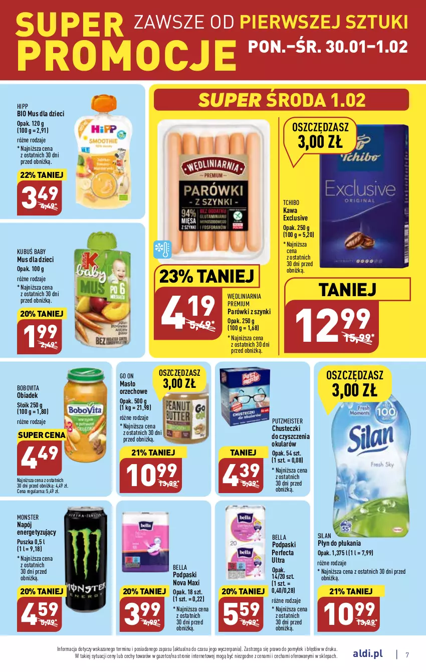 Gazetka promocyjna Aldi - Pełny katalog - ważna 30.01 do 04.02.2023 - strona 7 - produkty: Bell, Bella, BoboVita, Chusteczki, Chusteczki do czyszczenia, Dzieci, HiPP, Hipp Bio, Kawa, Kubuś, Masło, Masło orzechowe, Mus, Napój, Parówki, Parówki z szynki, Perfecta, Płyn do płukania, Podpaski, Putzmeister, Silan, Tchibo