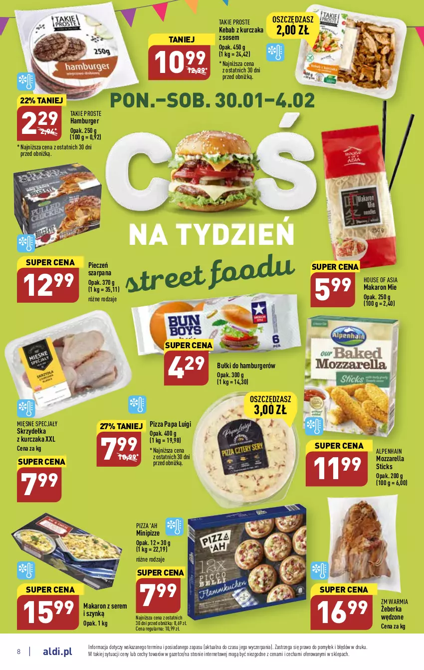 Gazetka promocyjna Aldi - Pełny katalog - ważna 30.01 do 04.02.2023 - strona 8 - produkty: Burger, Hamburger, House of Asia, Kebab, Kebab z kurczaka, Kurczak, Makaron, Mięsne specjały, Mozzarella, Piec, Pizza, Ser, Skrzydełka z kurczaka, Sos