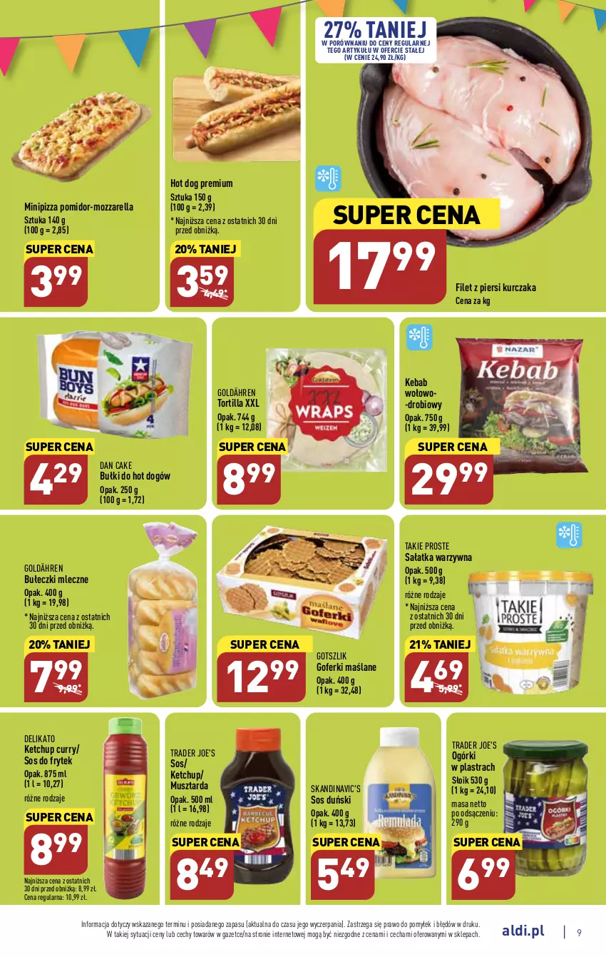 Gazetka promocyjna Aldi - Pełny katalog - ważna 30.01 do 04.02.2023 - strona 9 - produkty: Bułeczki, Bułeczki mleczne, Bułki do hot dogów, Dan Cake, Filet z piersi kurczaka, Hot dog, Kebab, Ketchup, Kurczak, Mozzarella, Mus, Musztarda, Pizza, Por, Sałat, Sałatka, Sałatka warzywna, Sos, Tortilla