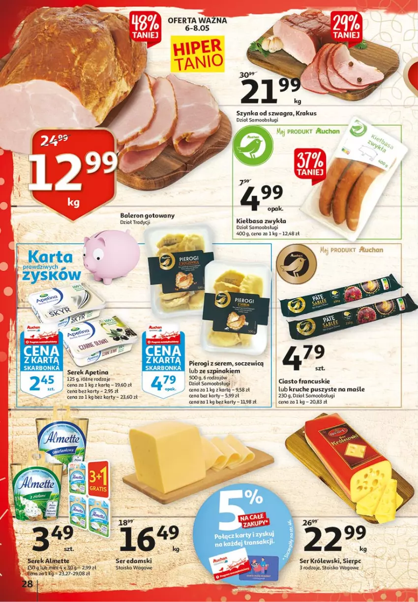 Gazetka promocyjna Auchan - 25 Urodziny #3 Hipermarkety - ważna 06.05 do 13.05.2021 - strona 28 - produkty: Almette, Ciasto francuskie, Gra, Kiełbasa, Krakus, Królewski, Pierogi, Ser, Serek, Szpinak, Szynka, Tran