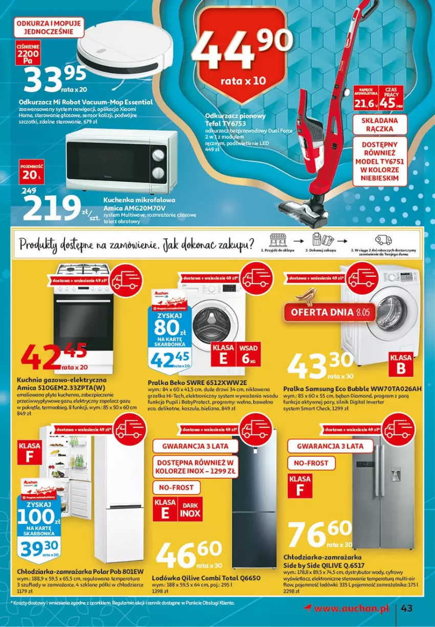 Gazetka promocyjna Auchan - 25 Urodziny #3 Hipermarkety - ważna 06.05 do 13.05.2021 - strona 43 - produkty: Amica, Beko, Bielizna, Chłodziarka, Drzwi, Gra, Grzałka, Hi-Tec, Kosz, Kuchnia, Kuchnia gazowo-elektryczna, Lodówka, Mop, Piec, Płyta, Pralka, Samsung, Wełna, Zamrażarka