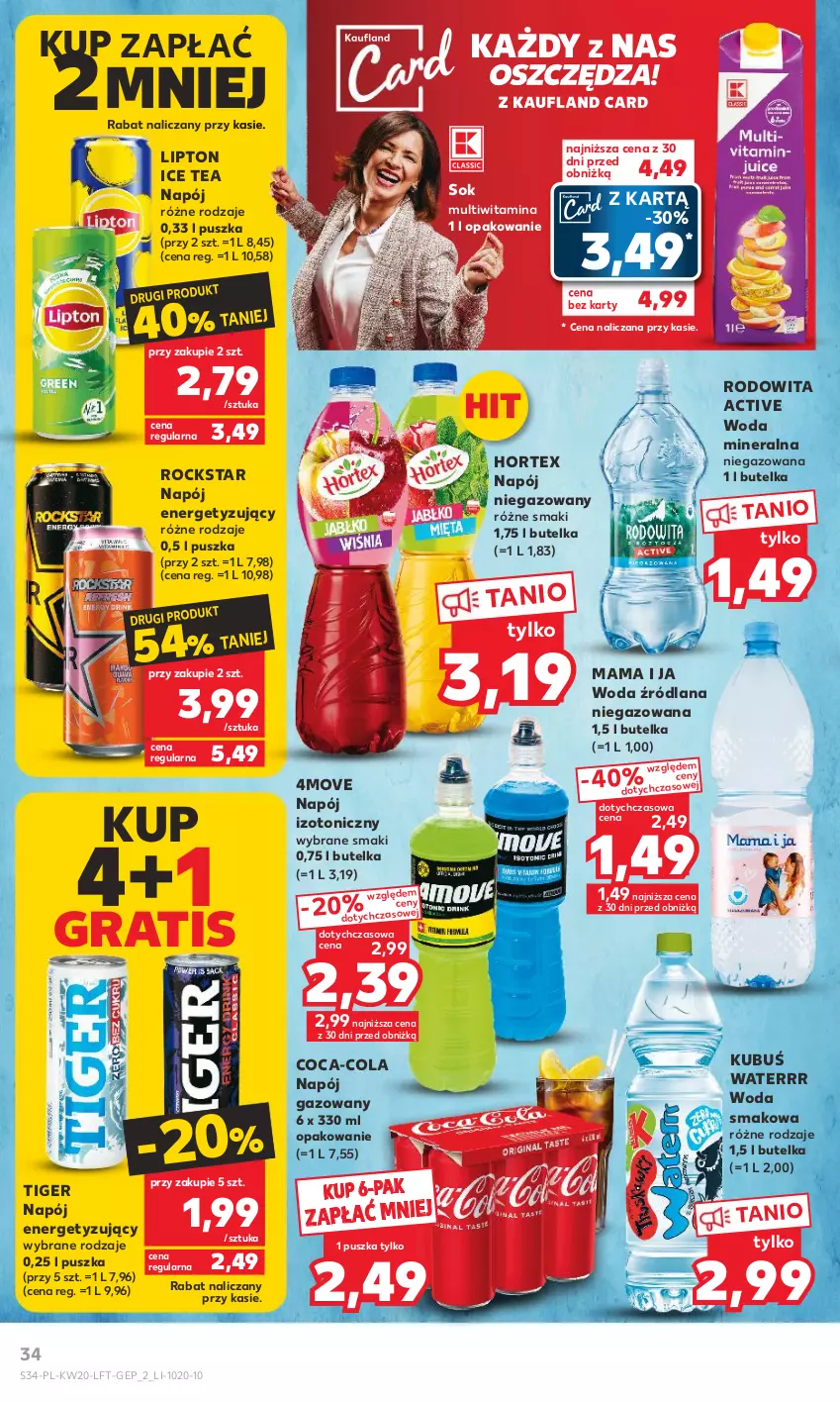 Gazetka promocyjna Kaufland - Gazetka tygodnia - ważna 18.05 do 24.05.2023 - strona 34 - produkty: Coca-Cola, Gra, Hortex, Ice tea, Kubuś, Kubuś Waterrr, LANA, Lipton, Napój, Napój gazowany, Napój izotoniczny, Napój niegazowany, Sok, Tiger, Woda, Woda mineralna