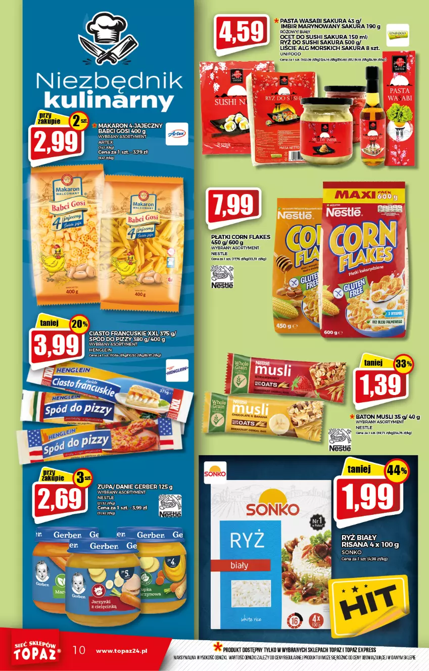 Gazetka promocyjna Topaz - Gazetka - ważna 21.10 do 27.10.2021 - strona 10 - produkty: Baton, Ciasto francuskie, Corn flakes, Gerber, Imbir, Isana, LG, Makaron, Mus, Ocet, Pasta wasabi, Risana, Ryż, Ryż do sushi, Sok, Sonko, Sushi, Top, Wasa, Zupa