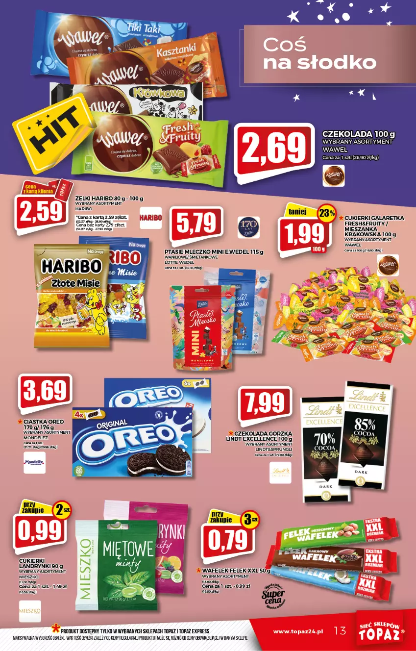 Gazetka promocyjna Topaz - Gazetka - ważna 21.10 do 27.10.2021 - strona 13 - produkty: Ciastka, Cukier, Cukierki, Czekolada, Czekolada gorzka, Gala, Galaretka, Haribo, Lindt, Mleczko, Oreo, Ptasie mleczko, Sok, Top, Wafelek, Wawel