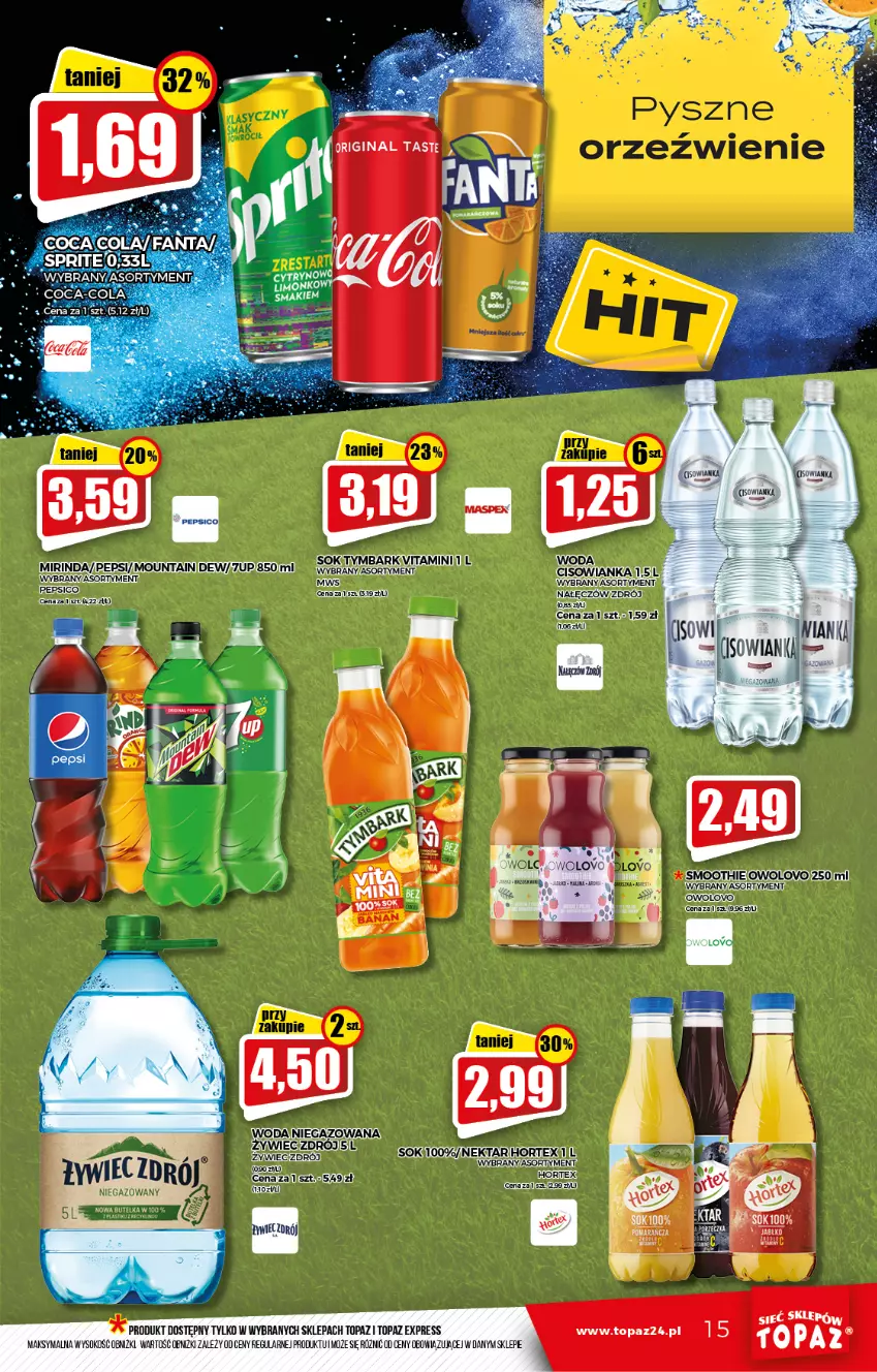 Gazetka promocyjna Topaz - Gazetka - ważna 21.10 do 27.10.2021 - strona 15 - produkty: 7up, Hortex, Mirinda, Nektar, Pepsi, Sok, Sony, Top, Woda, Woda niegazowana