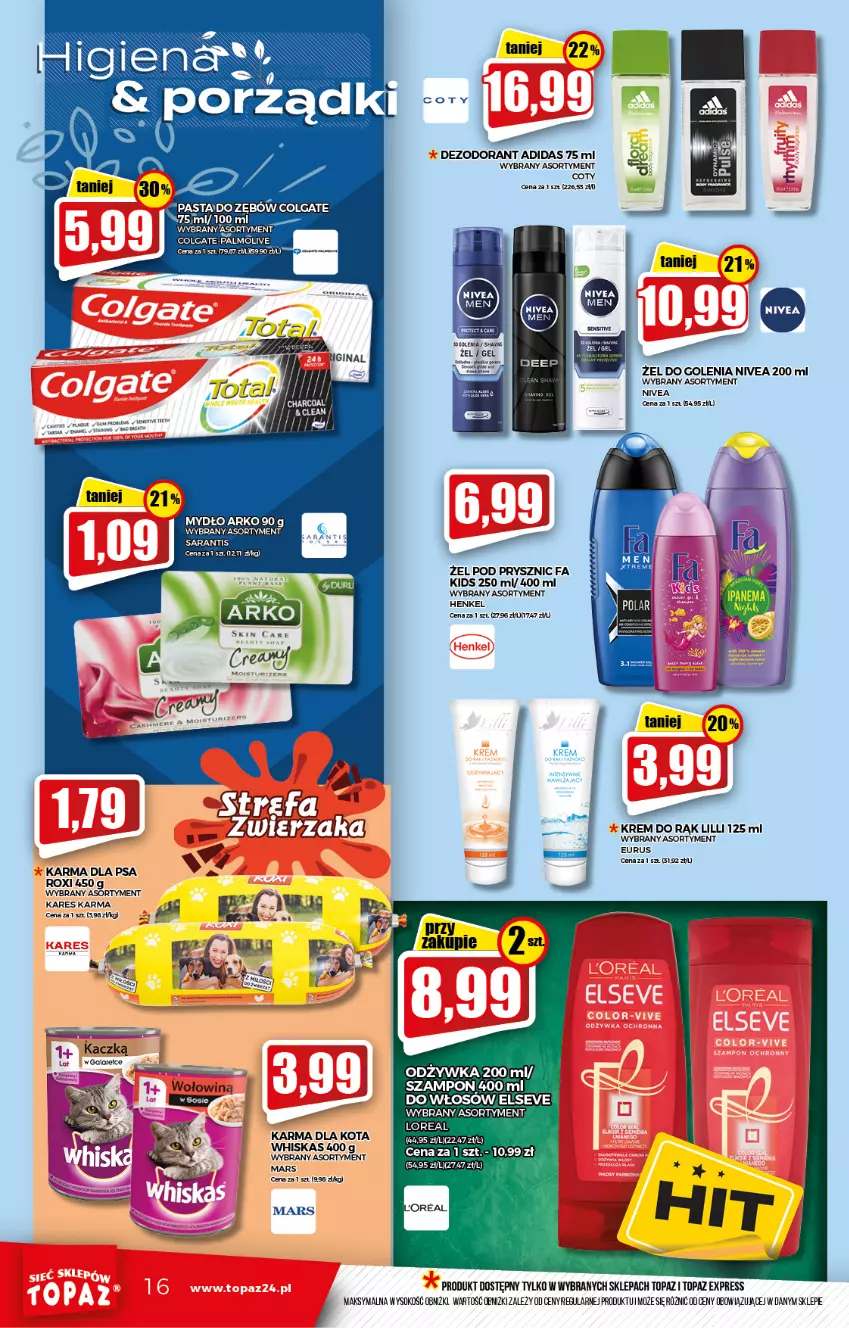 Gazetka promocyjna Topaz - Gazetka - ważna 21.10 do 27.10.2021 - strona 16 - produkty: Adidas, Colgate, Dezodorant, Elseve, Fa, Gala, Krem do rąk, LG, Mars, Mydło, Nivea, Odżywka, Palmolive, Sok, Szampon, Top, Whiskas